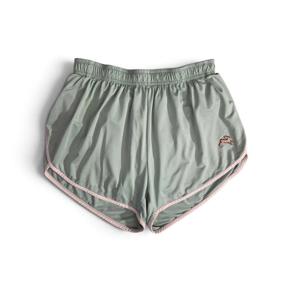 Tracksmith Van Cortlandt Women's Running Shorts Sage Green Pink Trim M